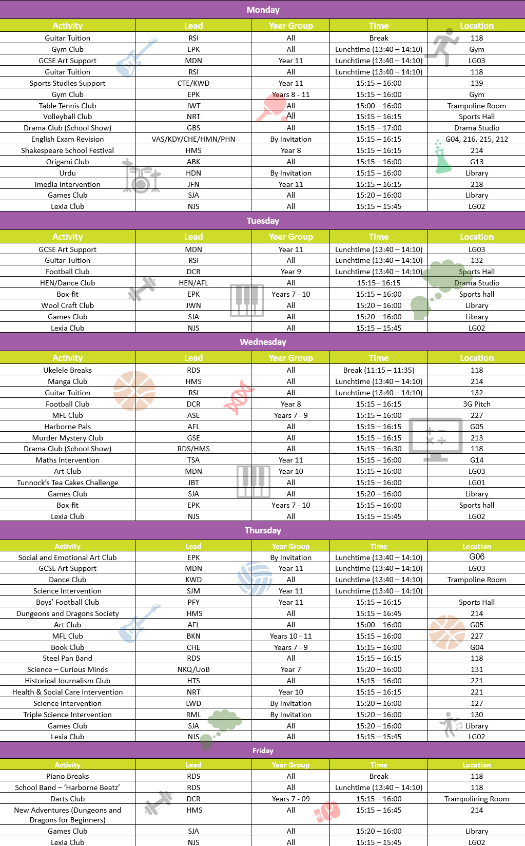 Enrichment schedule 2025