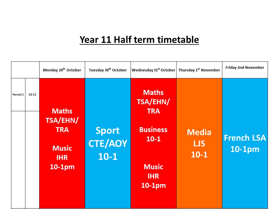 Autumn HalfTerm Intervention Timetable Announcements Harborne Academy